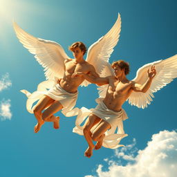 Two male angels soaring gracefully through a bright blue sky, their muscular bodies glistening in the sunlight