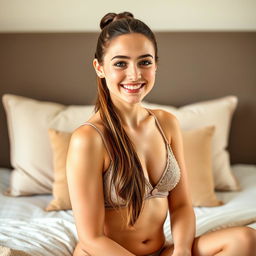 A lovely 18-year-old girl with long brown hair styled in a neat ponytail, sitting on a bed and facing forward