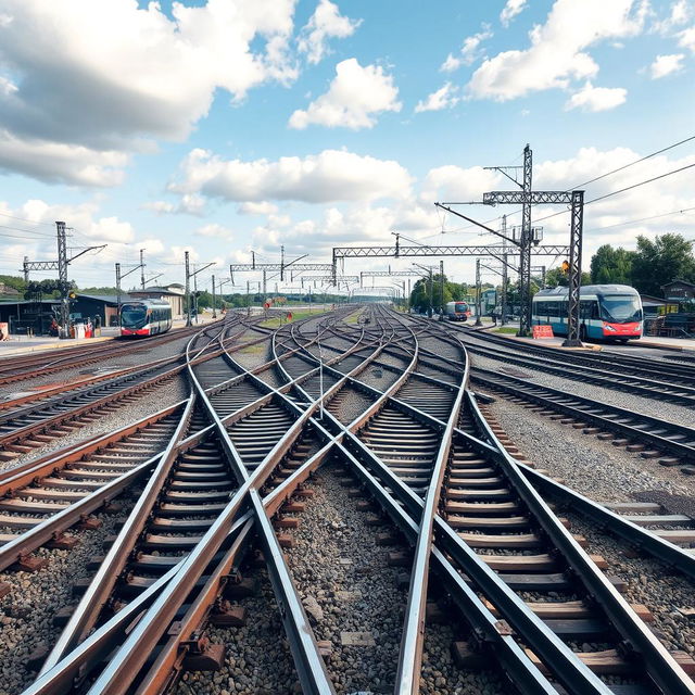 An intricate view of a railway junction featuring crisscrossed railway tracks, showcasing the complexity of intersecting lines