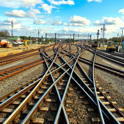 An intricate view of a railway junction featuring crisscrossed railway tracks, showcasing the complexity of intersecting lines