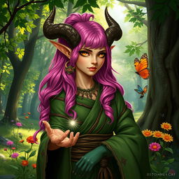 A beautiful female Tiefling druid with vibrant pink hair, adorned in flowing green and earthy robes that blend harmoniously with nature