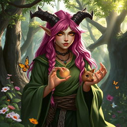 A beautiful female Tiefling druid with vibrant pink hair, adorned in flowing green and earthy robes that blend harmoniously with nature