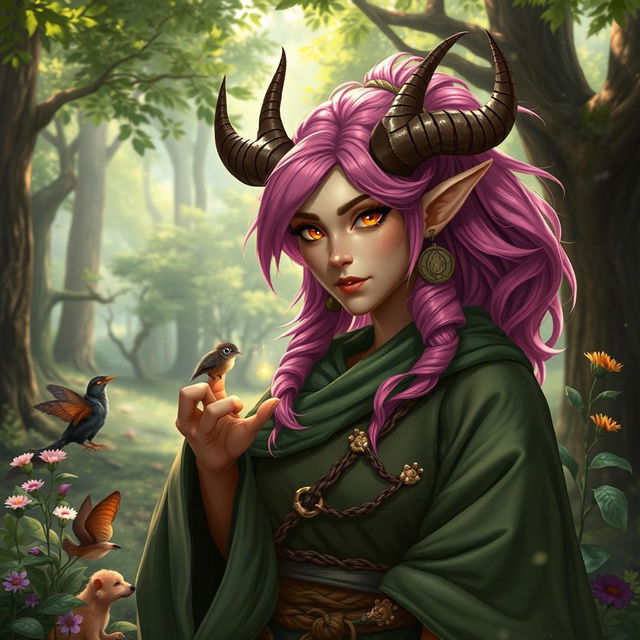 A beautiful female Tiefling druid with vibrant pink hair, adorned in flowing green and earthy robes that blend harmoniously with nature