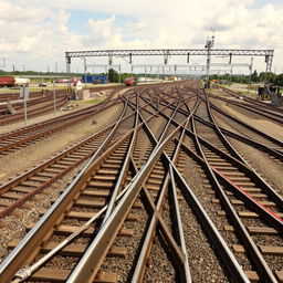 An intricate view of a railway junction featuring crisscrossed railway tracks, showcasing the complexity of intersecting lines