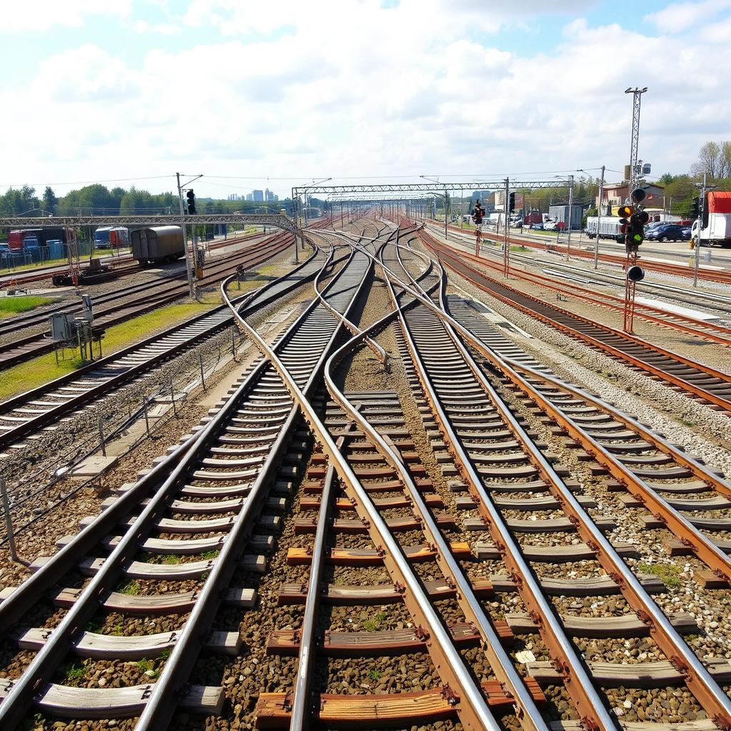 An intricate view of a railway junction featuring crisscrossed railway tracks, showcasing the complexity of intersecting lines