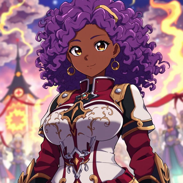 A unique original character from the anime Black Clover, featuring an 18-year-old Brazilian girl with dark brown skin, standing at 1