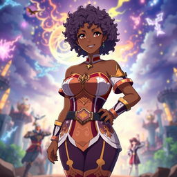 A unique original character from the anime Black Clover, featuring an 18-year-old Brazilian girl with dark brown skin, standing at 1