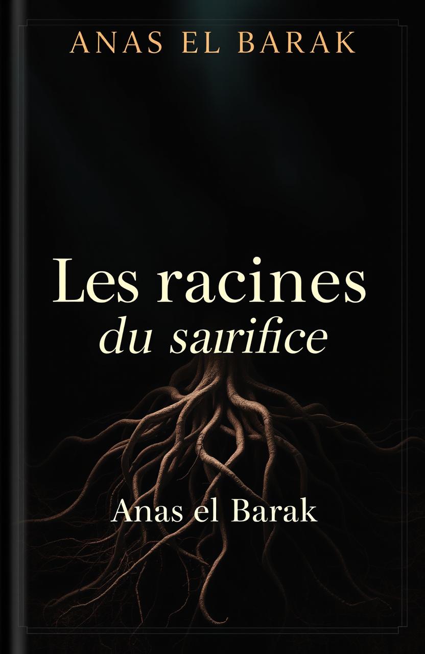 A captivating book cover design for a title named "Les racines du sacrifice" by Anas el Barak