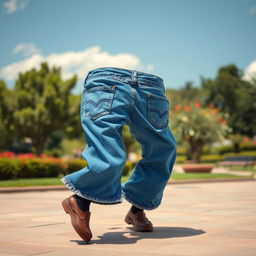 A whimsical scene featuring a pair of blue jeans personified, actively spinning around in a playful, dynamic circle