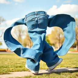 A whimsical scene featuring a pair of blue jeans personified, actively spinning around in a playful, dynamic circle