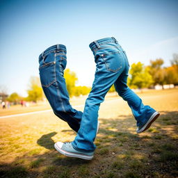 A whimsical scene featuring a pair of blue jeans personified, actively spinning around in a playful, dynamic circle