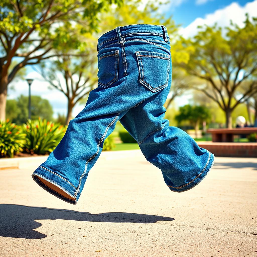 A whimsical scene featuring a pair of blue jeans personified, actively spinning around in a playful, dynamic circle