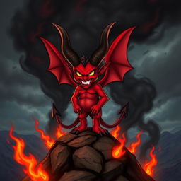 A striking and vivid depiction of a devil, featuring classic red skin, large dark horns, and glowing yellow eyes