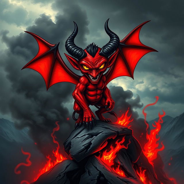 A striking and vivid depiction of a devil, featuring classic red skin, large dark horns, and glowing yellow eyes