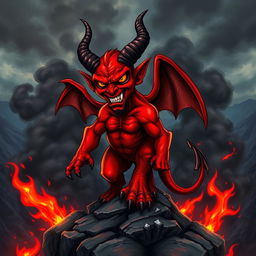 A striking and vivid depiction of a devil, featuring classic red skin, large dark horns, and glowing yellow eyes