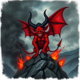 A striking and vivid depiction of a devil, featuring classic red skin, large dark horns, and glowing yellow eyes