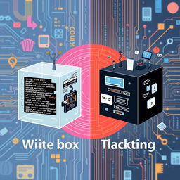 A visually engaging illustration depicting the concepts of software testing, featuring both white box and black box testing