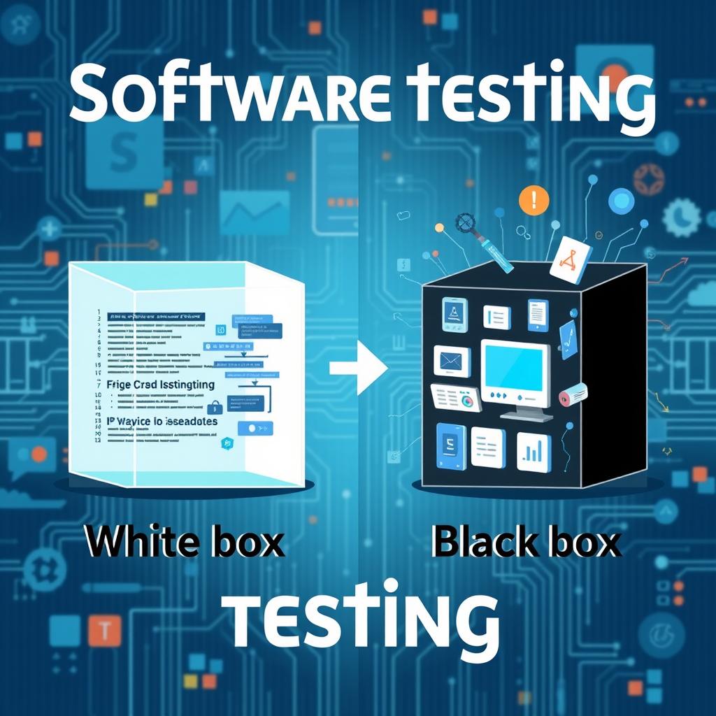 A visually engaging illustration depicting the concepts of software testing, featuring both white box and black box testing