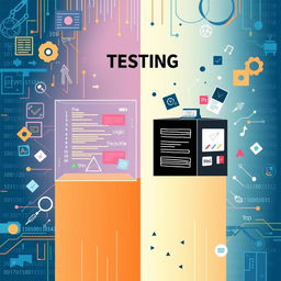 A visually engaging illustration depicting the concepts of software testing, featuring both white box and black box testing