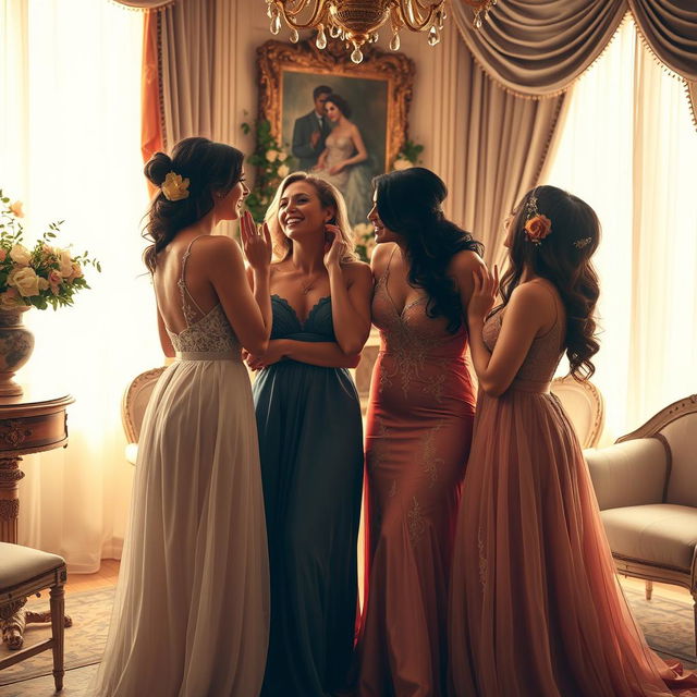 A sensual scene featuring a group of elegantly dressed women engaging in a playful and intimate moment together in a lavishly decorated room