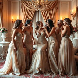 A sensual scene featuring a group of elegantly dressed women engaging in a playful and intimate moment together in a lavishly decorated room