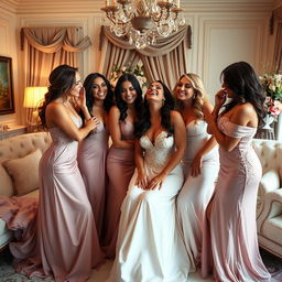 A sensual scene featuring a group of elegantly dressed women engaging in a playful and intimate moment together in a lavishly decorated room
