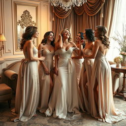 A sensual scene featuring a group of elegantly dressed women engaging in a playful and intimate moment together in a lavishly decorated room