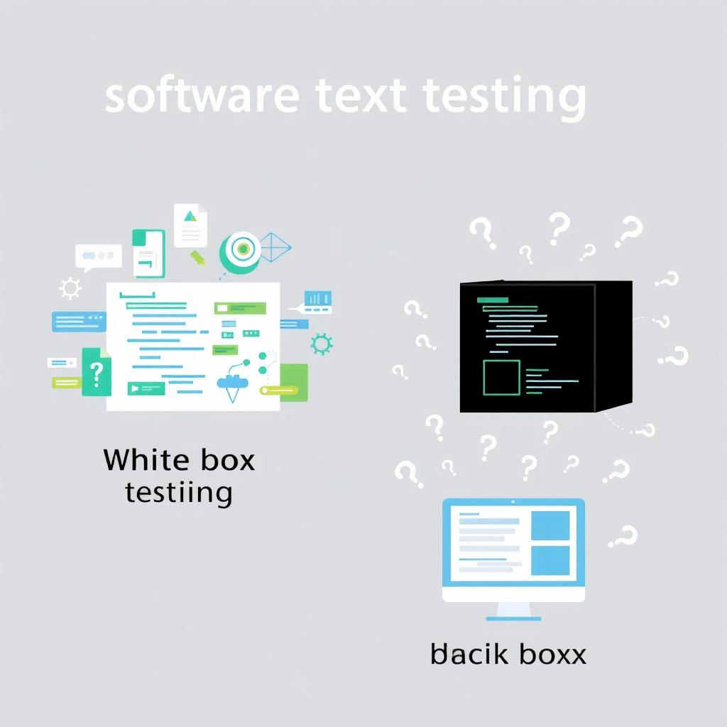 A creative illustration demonstrating software testing methodologies, featuring two distinct sections: one for white box testing and the other for black box testing