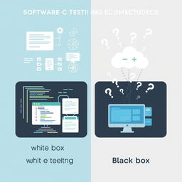 A creative illustration demonstrating software testing methodologies, featuring two distinct sections: one for white box testing and the other for black box testing