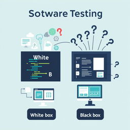 A creative illustration demonstrating software testing methodologies, featuring two distinct sections: one for white box testing and the other for black box testing