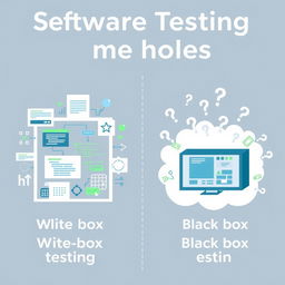 A creative illustration demonstrating software testing methodologies, featuring two distinct sections: one for white box testing and the other for black box testing