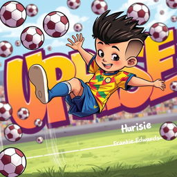 An animated boy with a fresh haircut featuring a boxed hairline, wearing a vibrant and colorful football kit, performing a bicycle kick