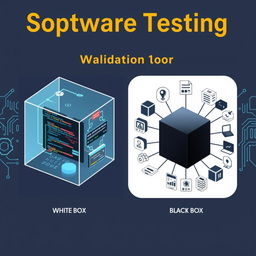 A comprehensive illustration showcasing software testing examples focused on validation, prominently featuring both white box and black box testing