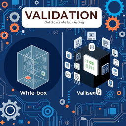 A comprehensive illustration showcasing software testing examples focused on validation, prominently featuring both white box and black box testing