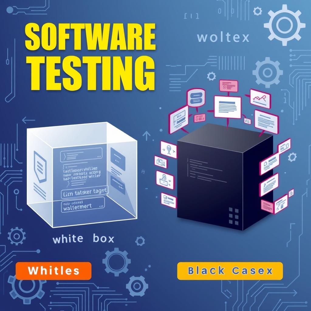 A comprehensive illustration showcasing software testing examples focused on validation, prominently featuring both white box and black box testing