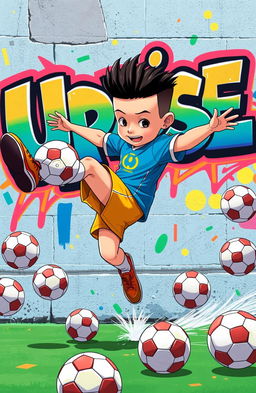 An animated boy with a fresh haircut featuring a boxed hairline, wearing a vibrant football kit, performing an impressive bicycle kick
