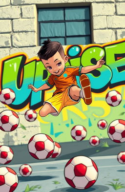 An animated boy with a fresh haircut featuring a boxed hairline, wearing a vibrant football kit, performing an impressive bicycle kick