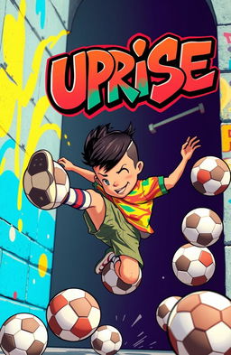 An animated boy with a fresh haircut featuring a boxed hairline, wearing a vibrant football kit, performing an impressive bicycle kick