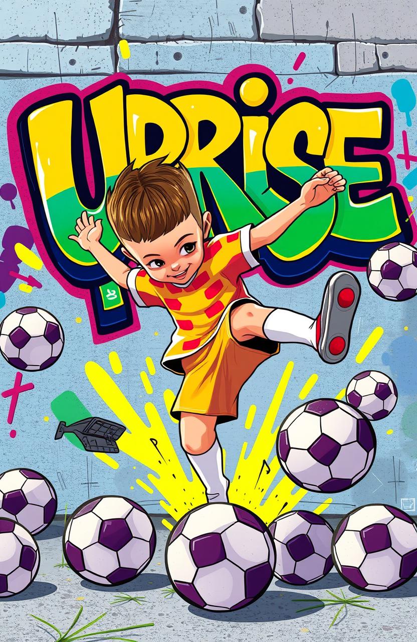 An animated boy with a fresh haircut featuring a boxed hairline, wearing a vibrant football kit, performing an impressive bicycle kick