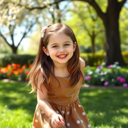 A charming young girl with brown hair, wearing a stylish skirt