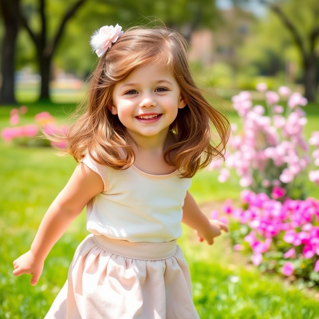 A charming young girl with brown hair, wearing a stylish skirt