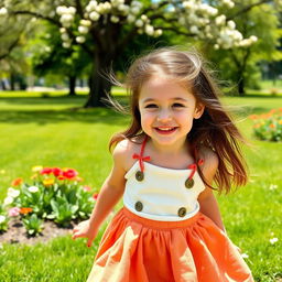 A charming young girl with brown hair, wearing a stylish skirt