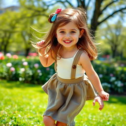 A charming young girl with brown hair, wearing a stylish skirt