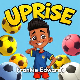 An animated boy with mixed race skin and a fresh haircut featuring a sharp boxed hairline, striking a confident pose in a colorful football kit