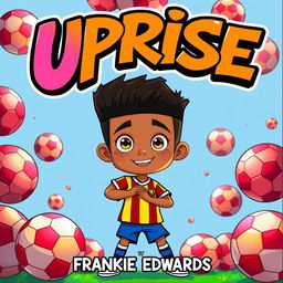 An animated boy with mixed race skin and a fresh haircut featuring a sharp boxed hairline, striking a confident pose in a colorful football kit