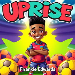 An animated boy with mixed race skin and a fresh haircut featuring a sharp boxed hairline, striking a confident pose in a colorful football kit