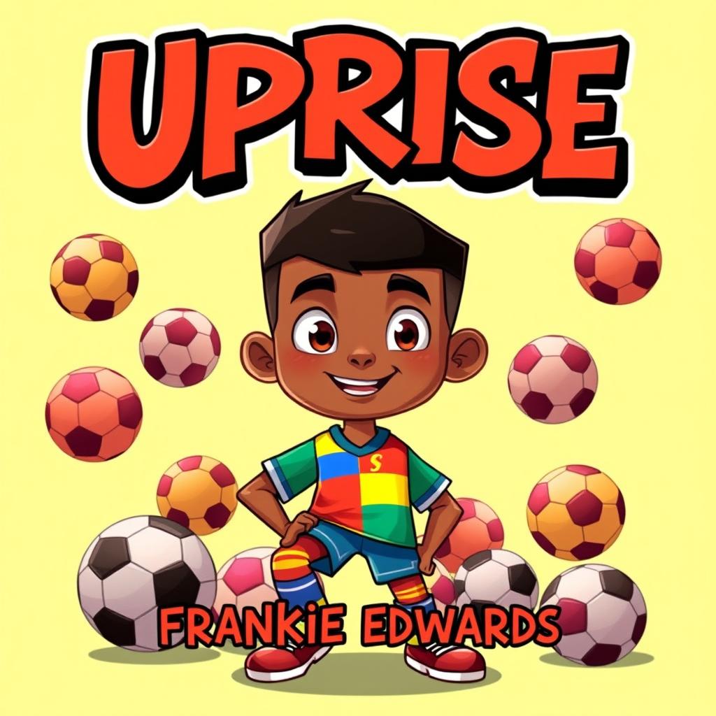 An animated boy with mixed race skin and a fresh haircut featuring a sharp boxed hairline, striking a confident pose in a colorful football kit