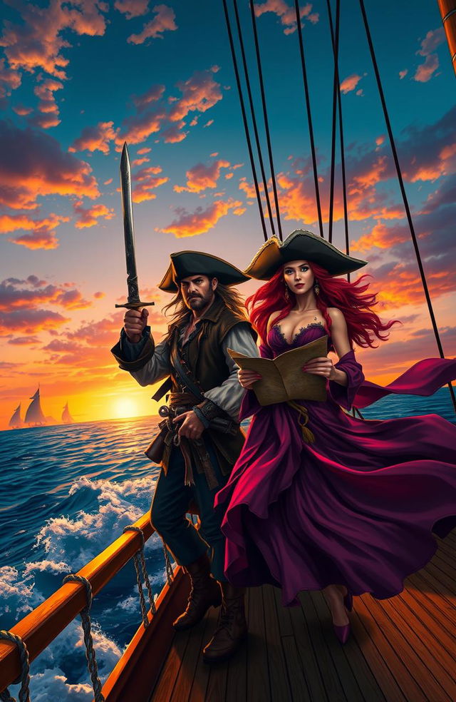 A breathtaking pirate adventure scene featuring a rugged male pirate with long dark hair, wearing a leather vest, and a fierce female pirate with flowing red hair, decked in a wide-brimmed hat and a flowing skirt