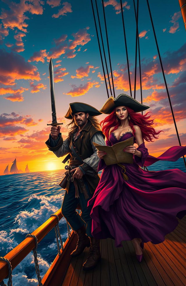 A breathtaking pirate adventure scene featuring a rugged male pirate with long dark hair, wearing a leather vest, and a fierce female pirate with flowing red hair, decked in a wide-brimmed hat and a flowing skirt