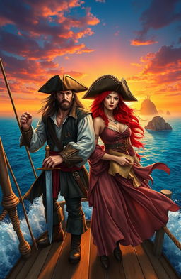 A breathtaking pirate adventure scene featuring a rugged male pirate with long dark hair, wearing a leather vest, and a fierce female pirate with flowing red hair, decked in a wide-brimmed hat and a flowing skirt